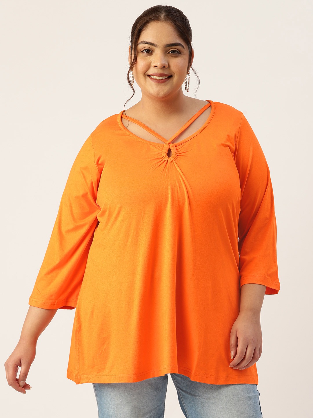 Women's Plus Size Orange Solid Color Key Hole Neck Knitted Top