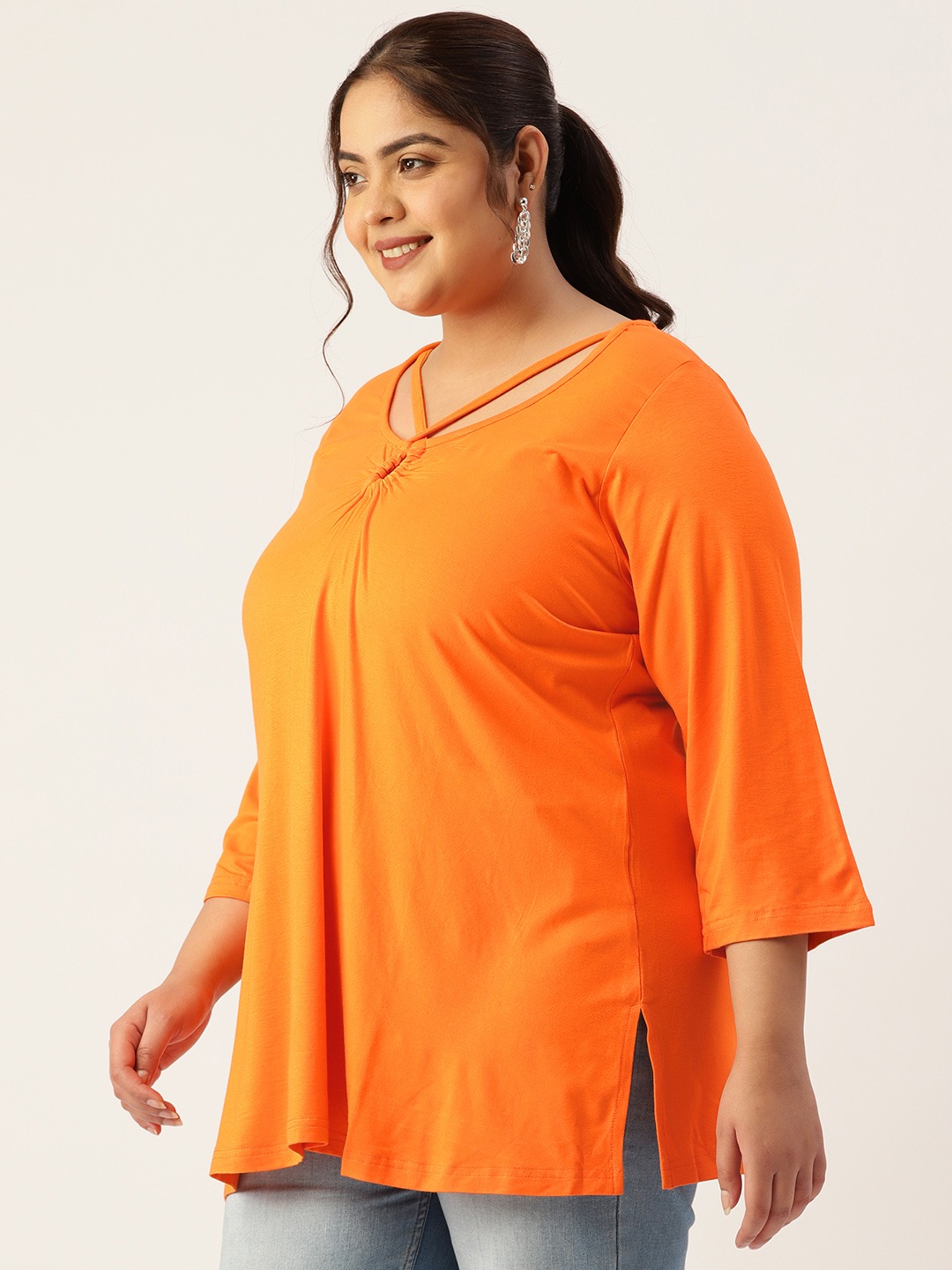 Women's Plus Size Orange Solid Color Key Hole Neck Knitted Top