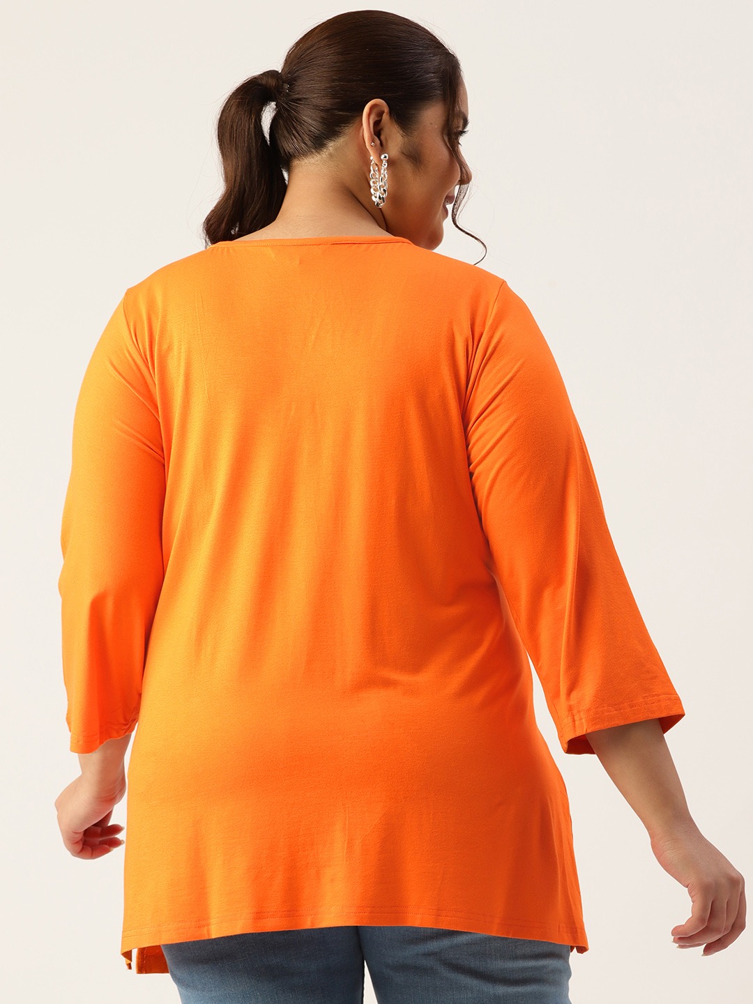 Women's Plus Size Orange Solid Color Key Hole Neck Knitted Top