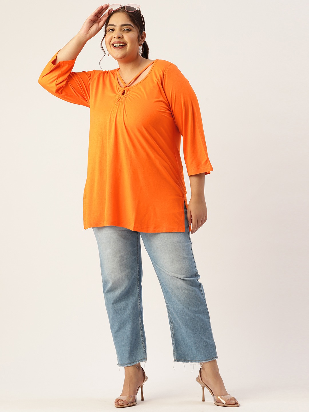 Women's Plus Size Orange Solid Color Key Hole Neck Knitted Top