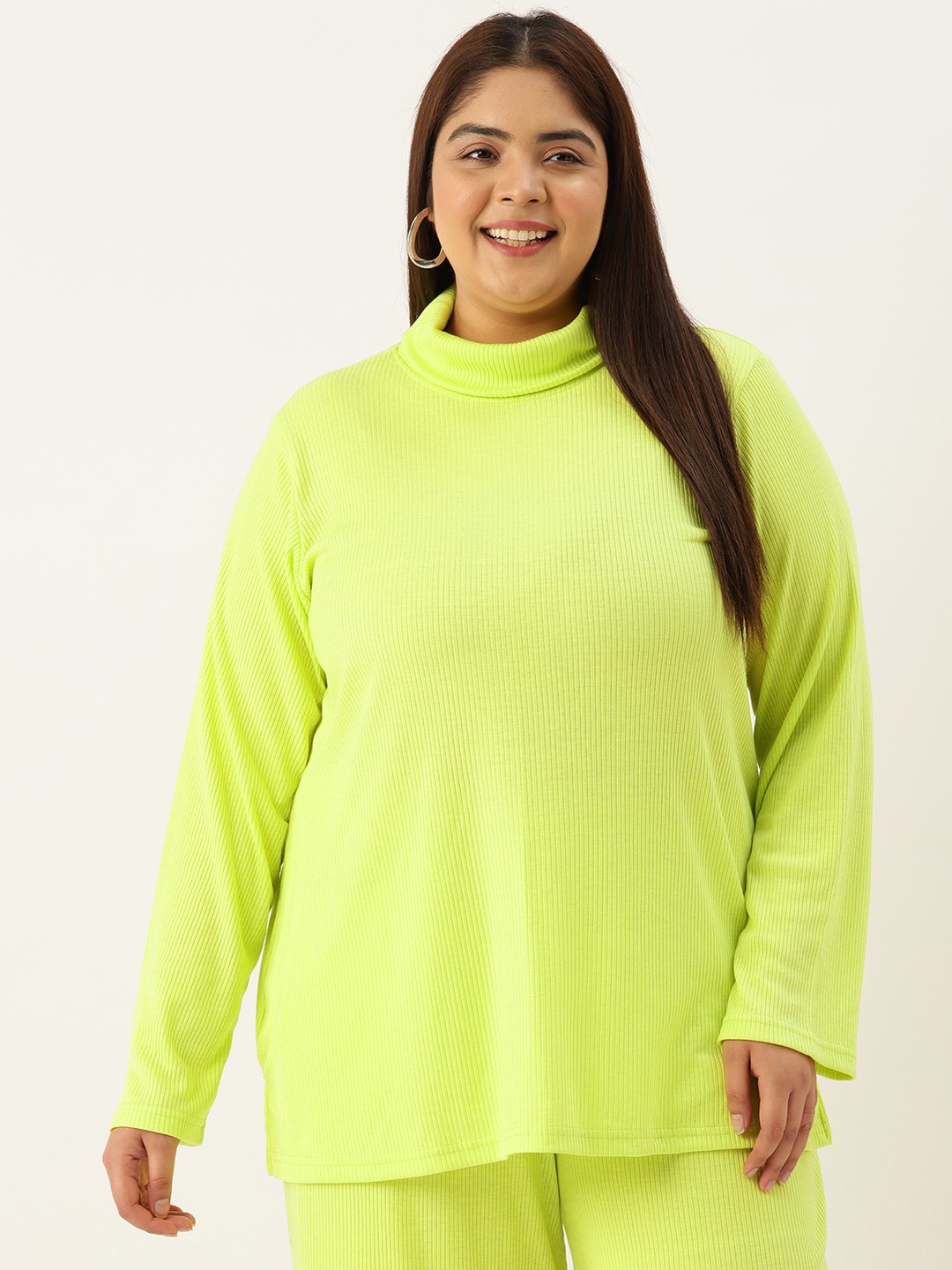Women's Plus Size Lime Solid Color Cotton High Neck Top