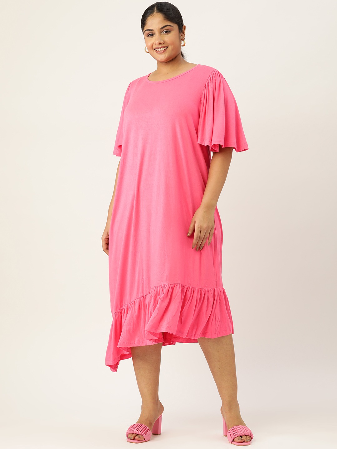 Women's Plus Size Pink Solid Color Flared Sleeve A-Line Midi Dress