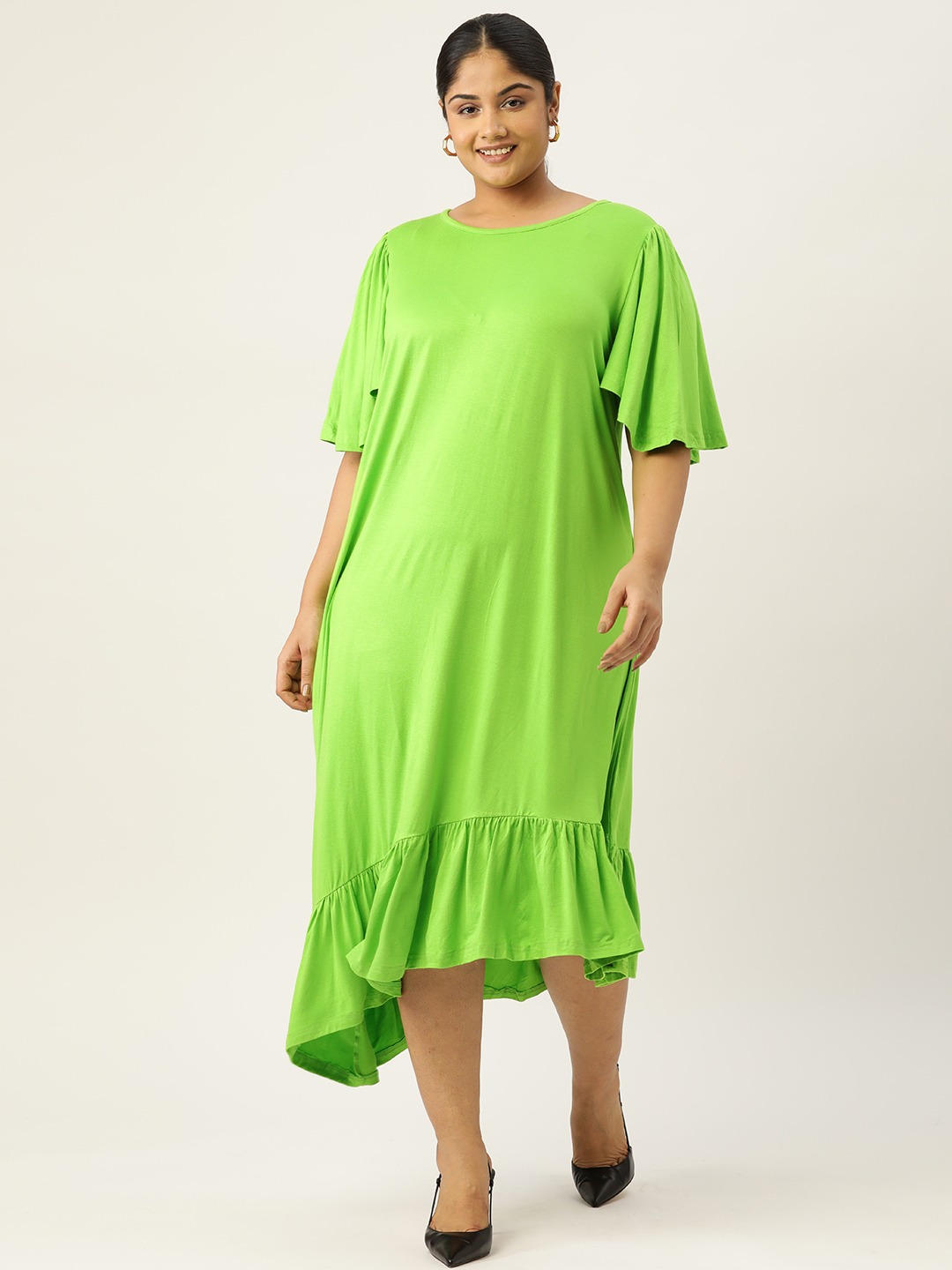 Women's Plus Size Bright Green Solid Color Flared Sleeve A-Line Midi Dress