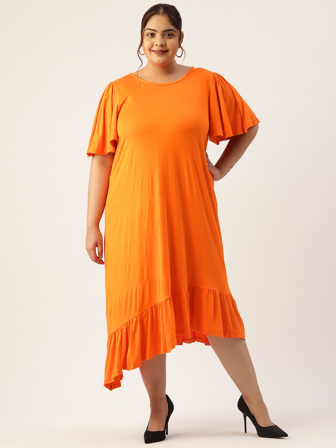 Women's Plus Size Orange Solid Color Flared Sleeve A-Line Midi Dress