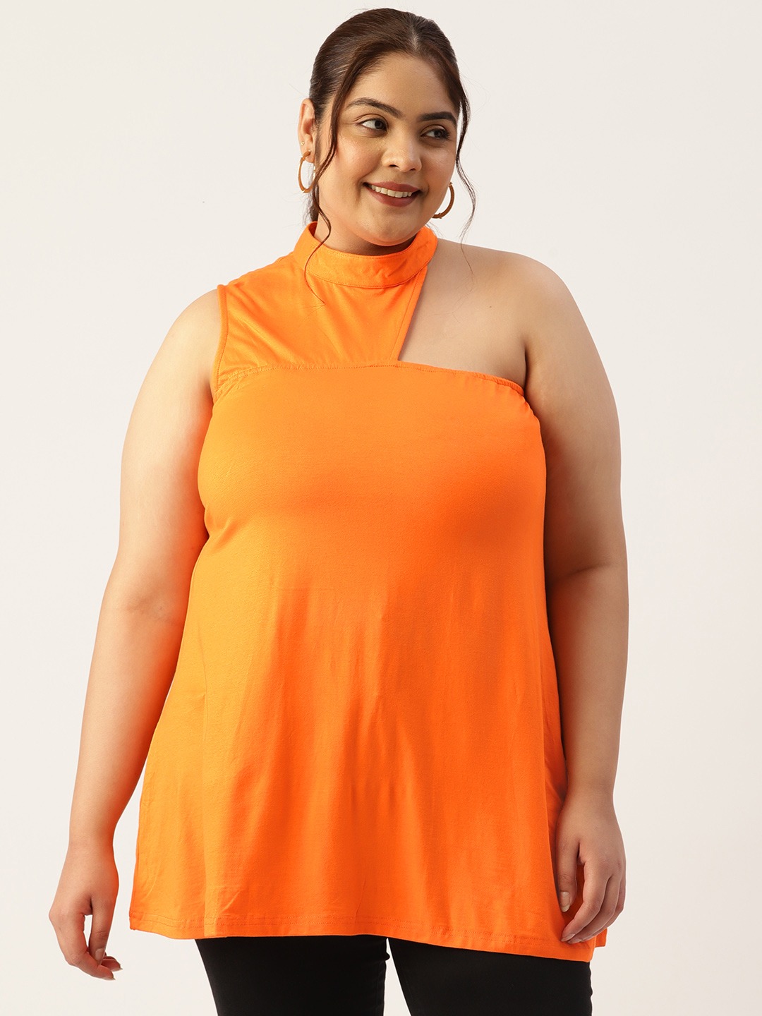 Women's Plus Size Orange Solid Color High Neck Longline Top