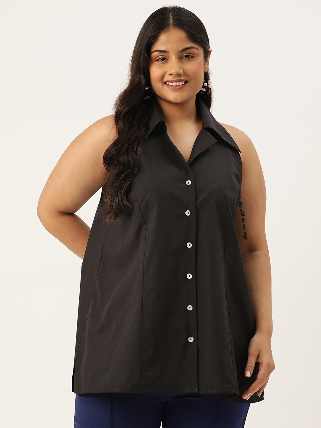 Women's Plus Size Black Solid Color Button Closure Shirt Collar Top