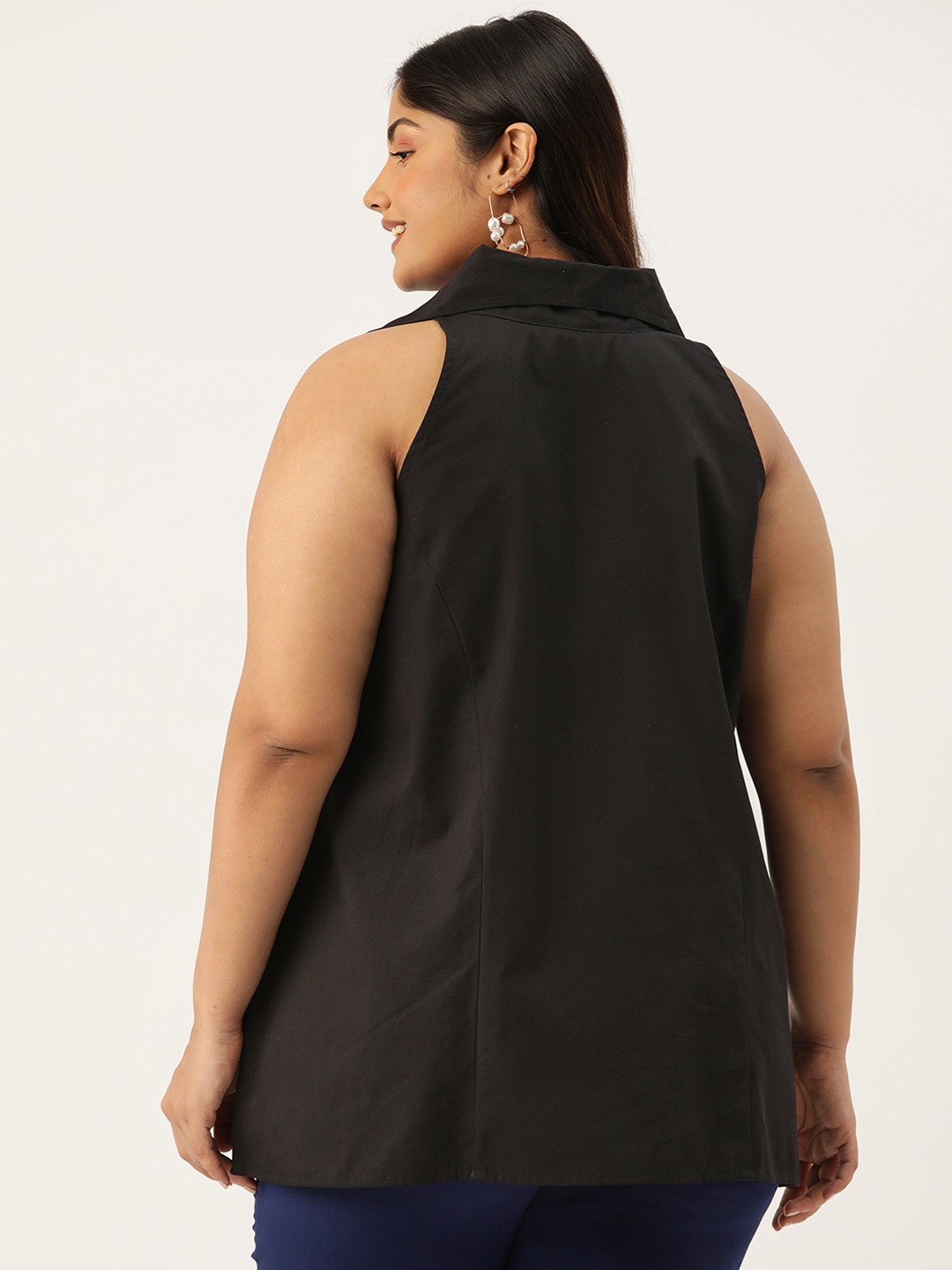 Women's Plus Size Black Solid Color Button Closure Shirt Collar Top