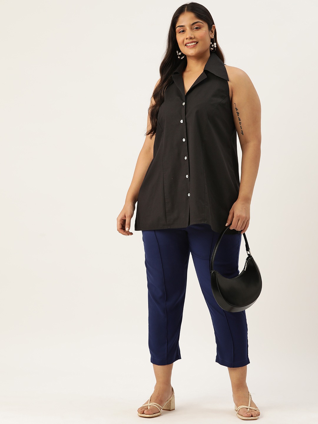 Women's Plus Size Black Solid Color Button Closure Shirt Collar Top