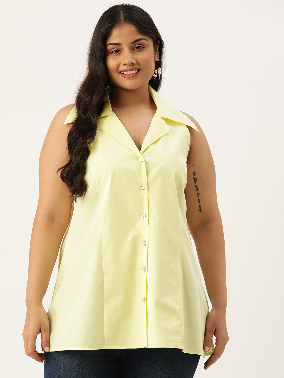 Women's Plus Size Lime Solid Color Button Closure Shirt Collar Top