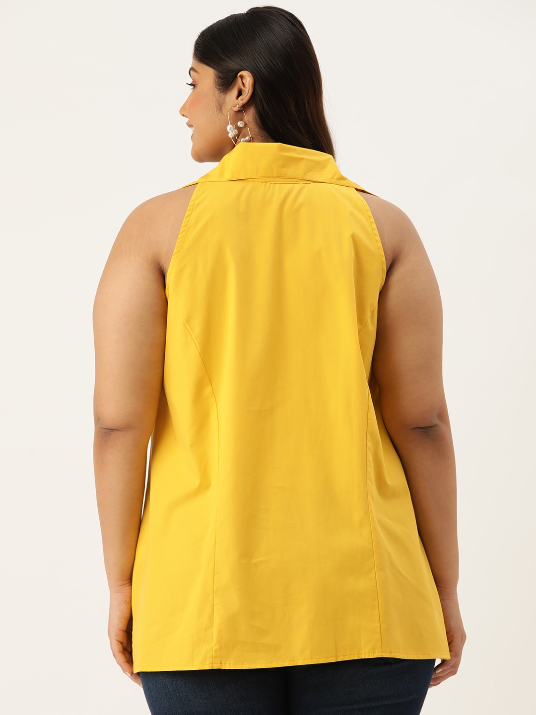 Women's Plus Size Mustard Solid Color Button Closure Shirt Collar Top