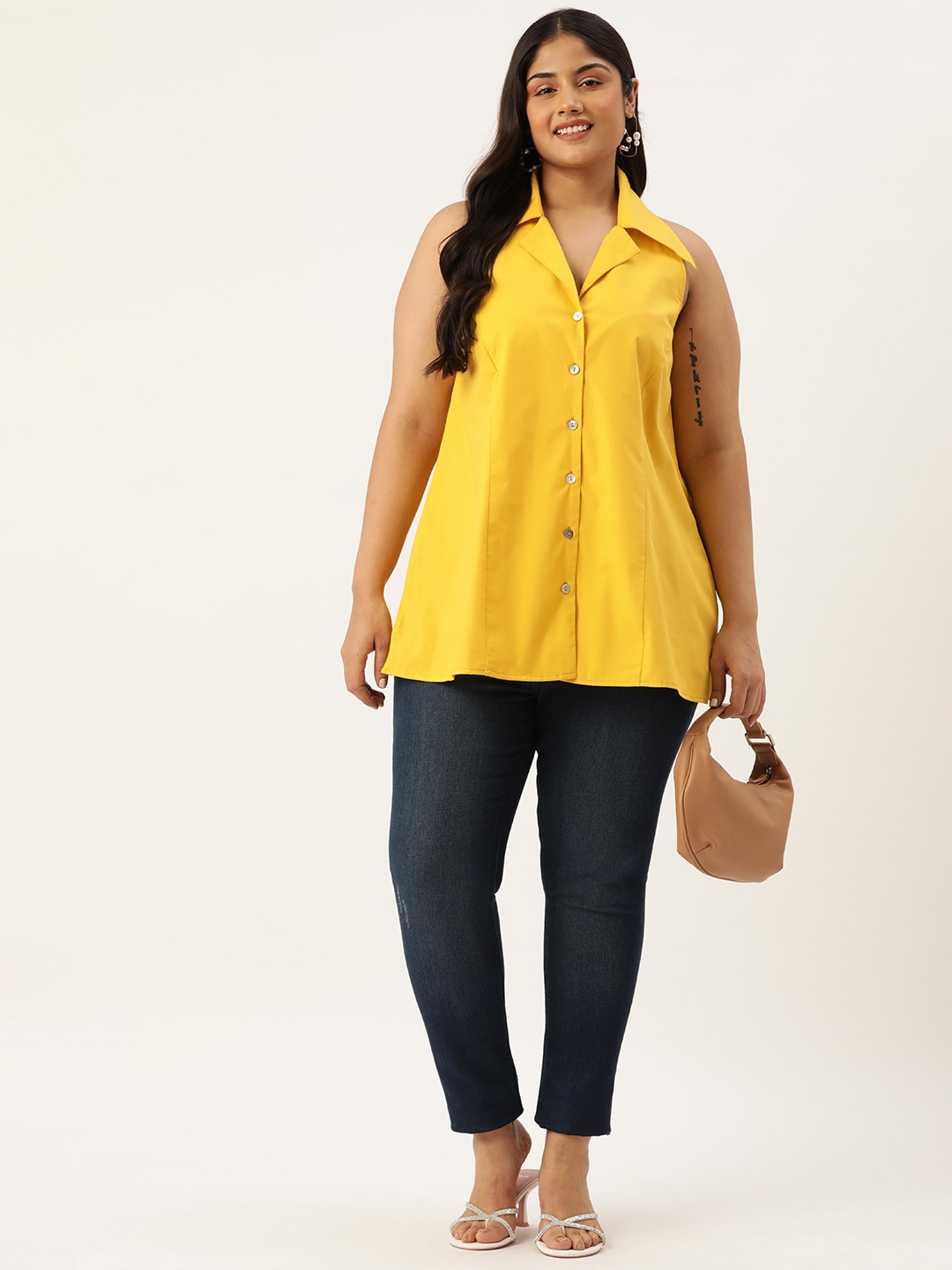 Women's Plus Size Mustard Solid Color Button Closure Shirt Collar Top