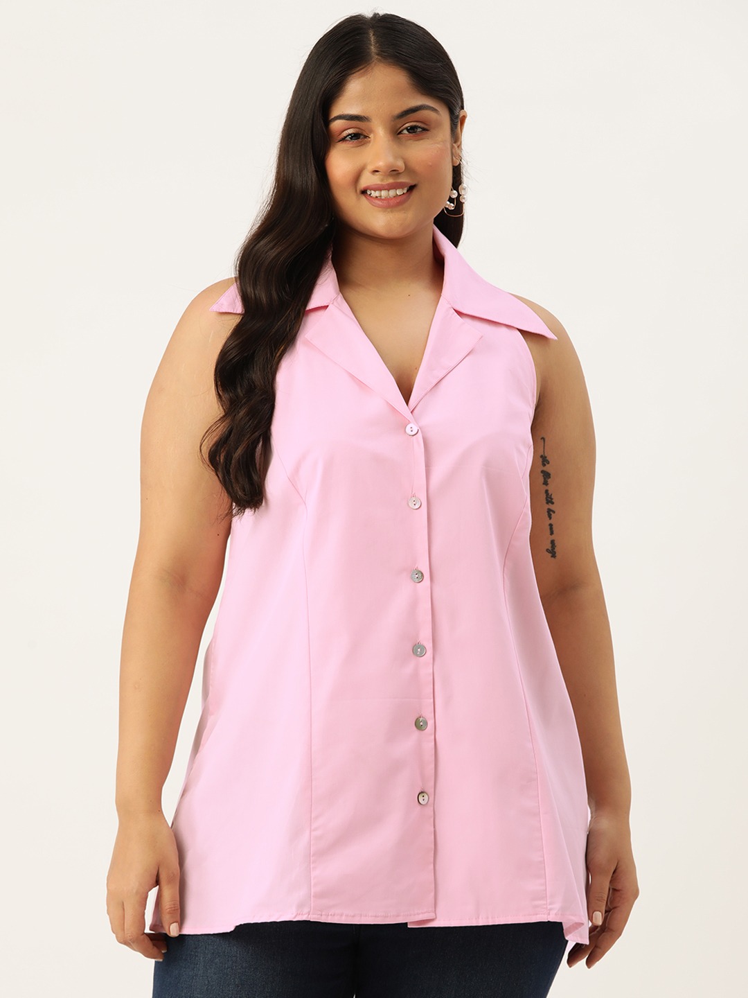 Women's Plus Size Pink Solid Color Button Closure Shirt Collar Top