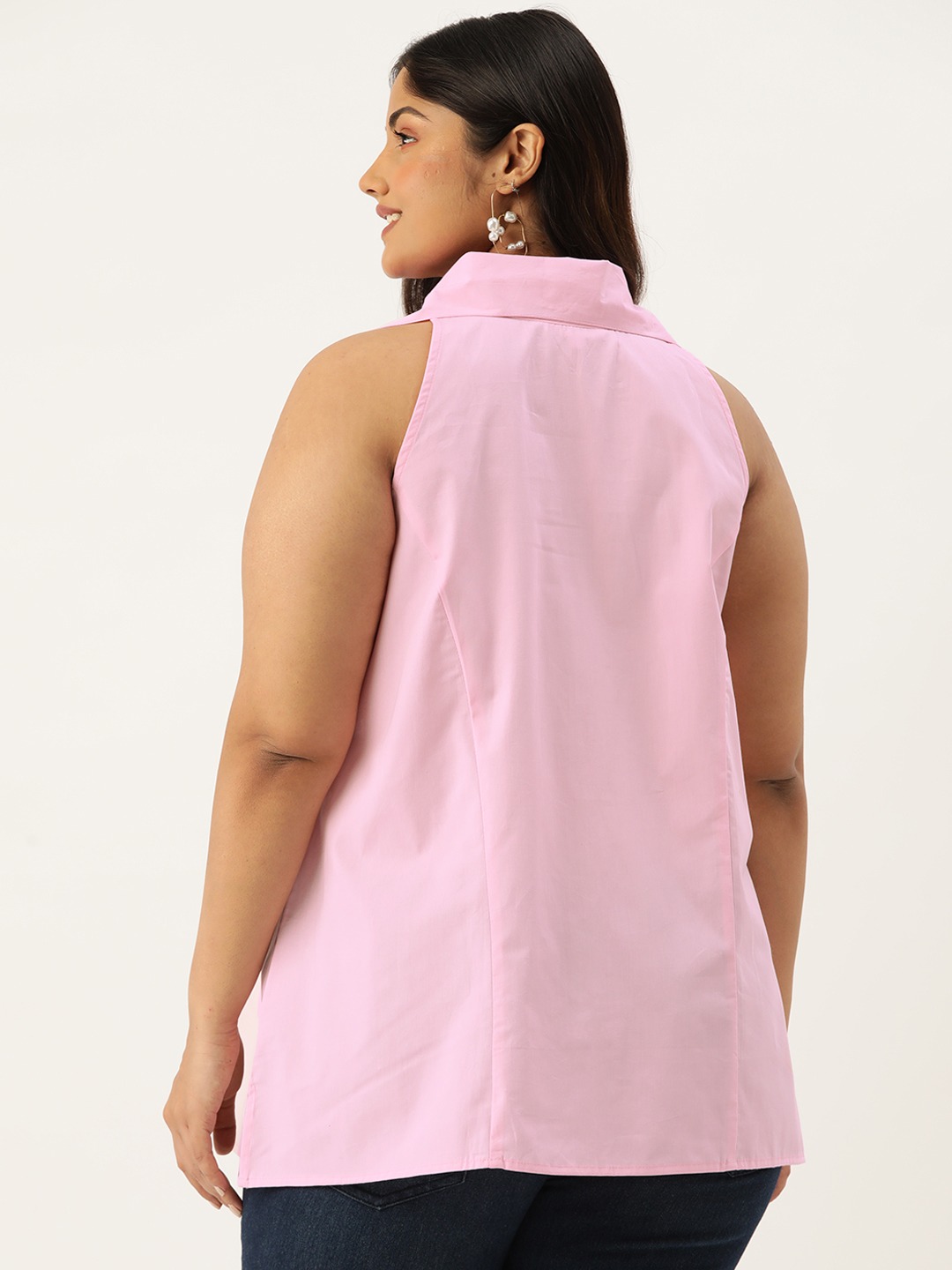 Women's Plus Size Pink Solid Color Button Closure Shirt Collar Top
