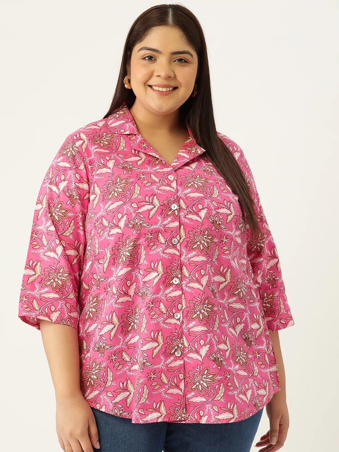 Women's Plus Size Fuchsia Floral Print Casual Shirt