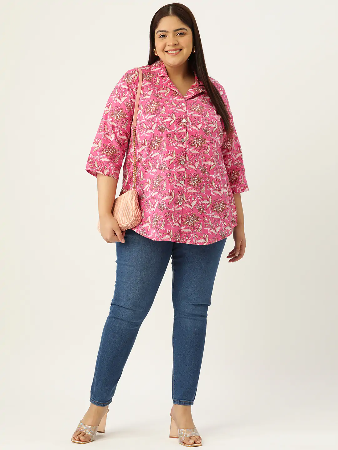Women's Plus Size Fuchsia Floral Print Casual Shirt