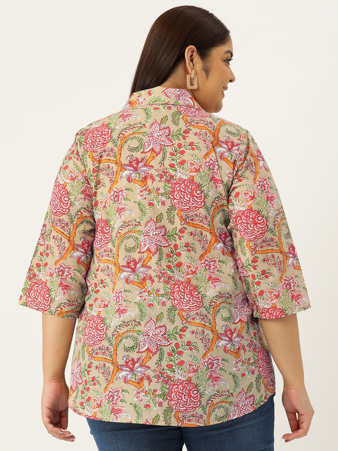 Women's Plus Size Green Floral Print Casual Shirt