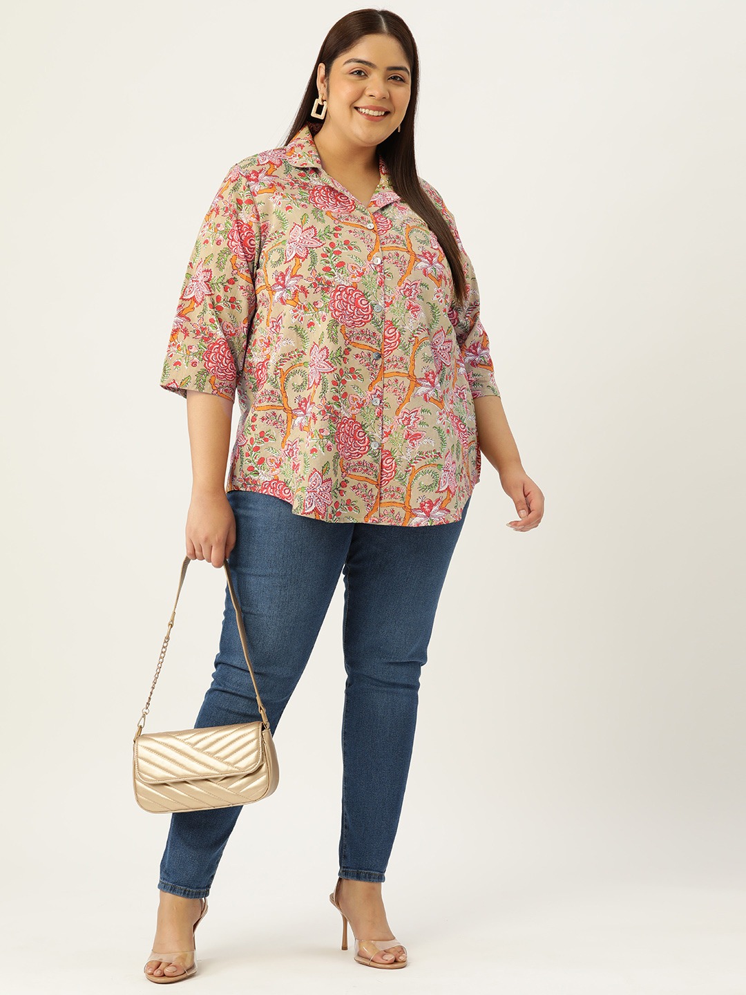Women's Plus Size Green Floral Print Casual Shirt