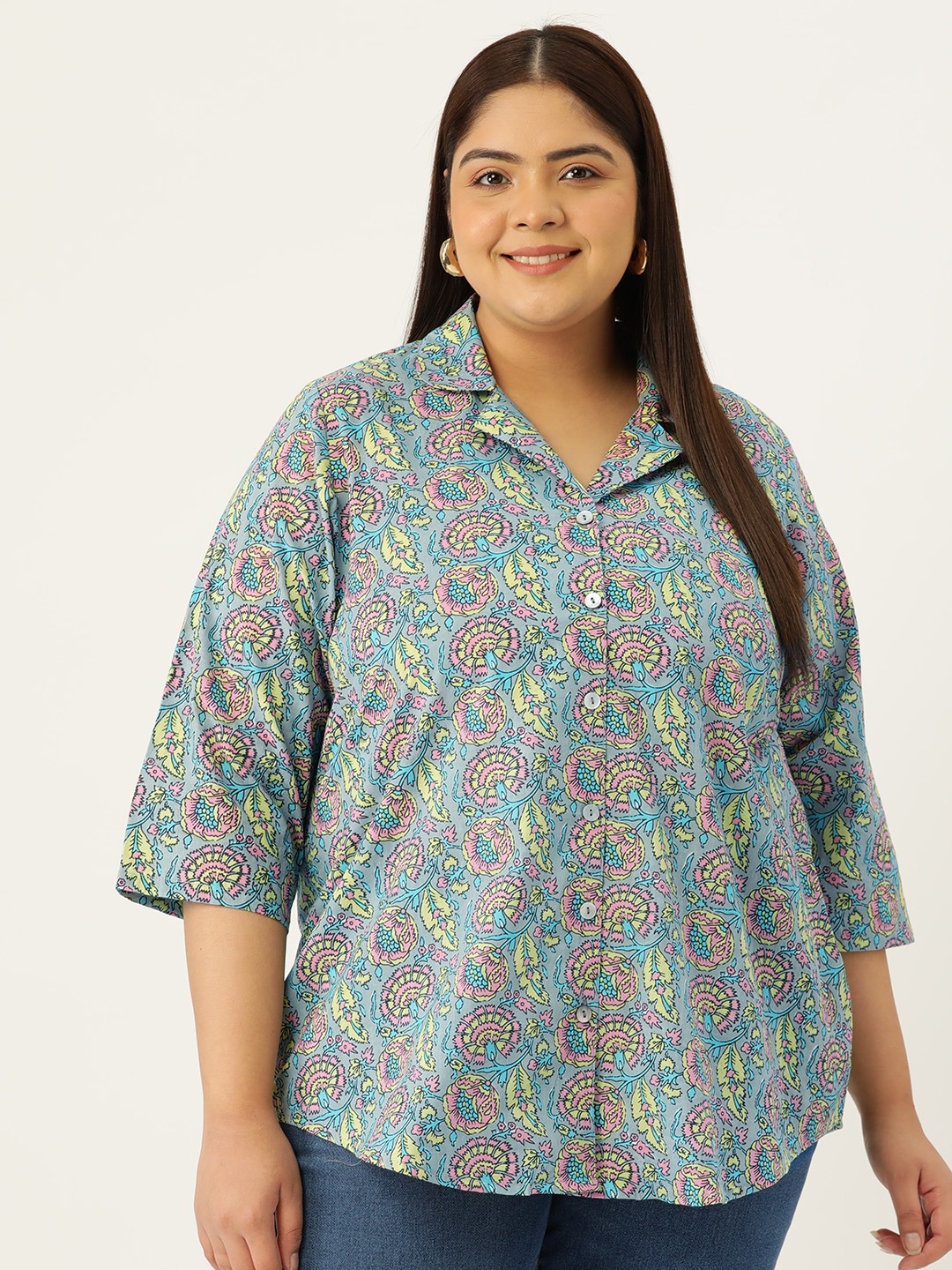 Women's Plus Size Grey Floral Print Casual Shirt