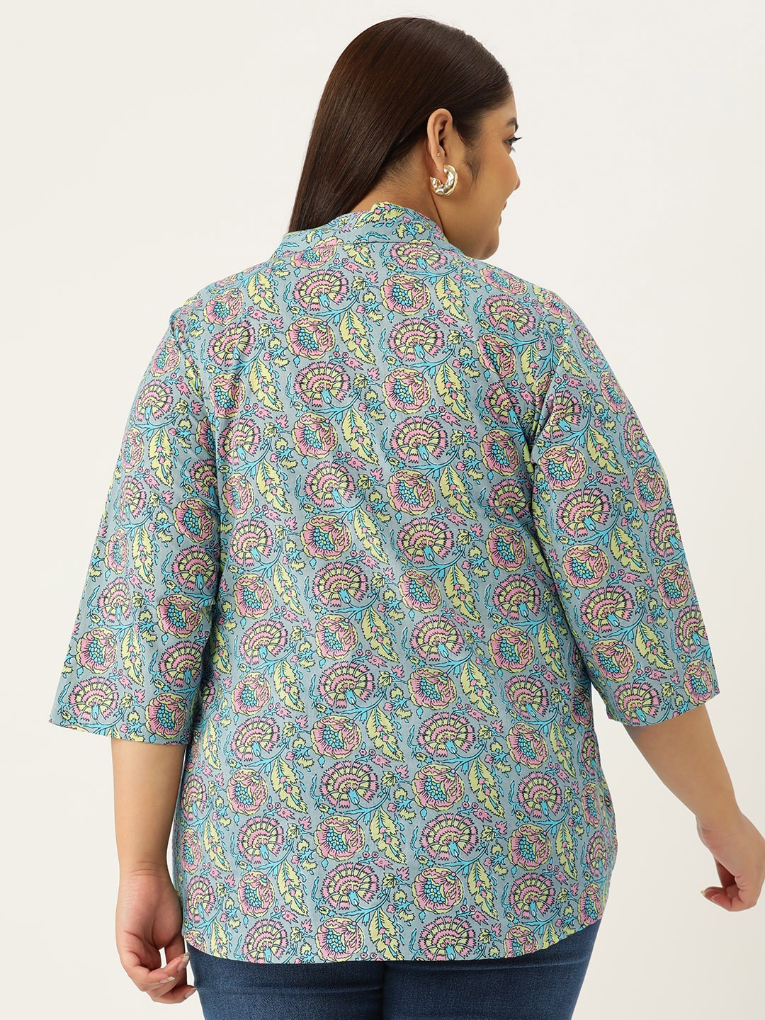 Women's Plus Size Grey Floral Print Casual Shirt