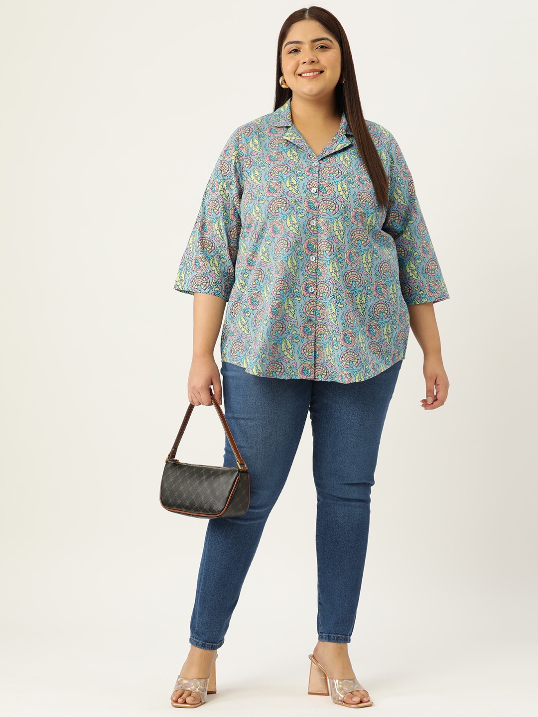 Women's Plus Size Grey Floral Print Casual Shirt