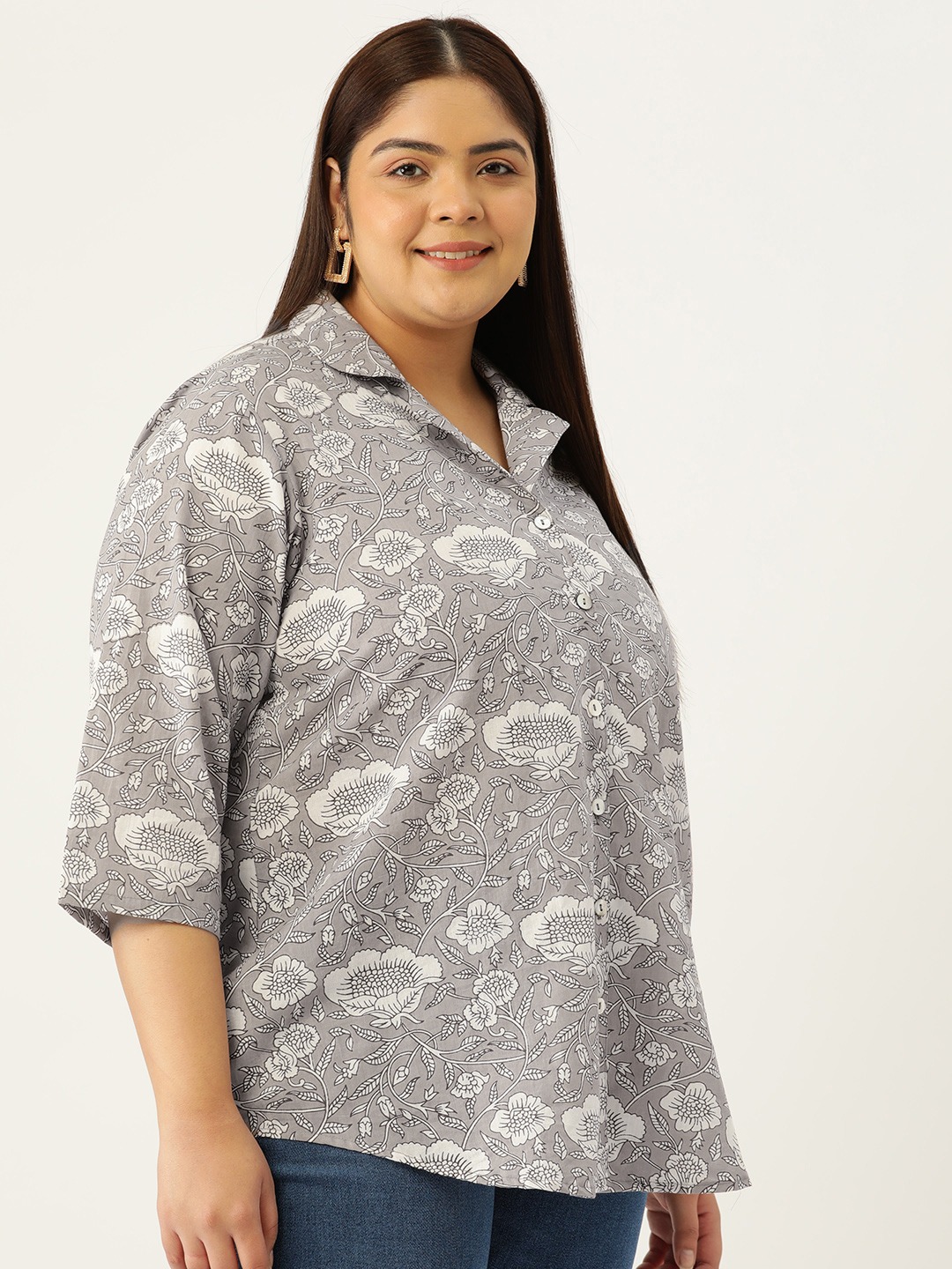 Women's Plus Size Grey Monotone Floral Print Casual Shirt