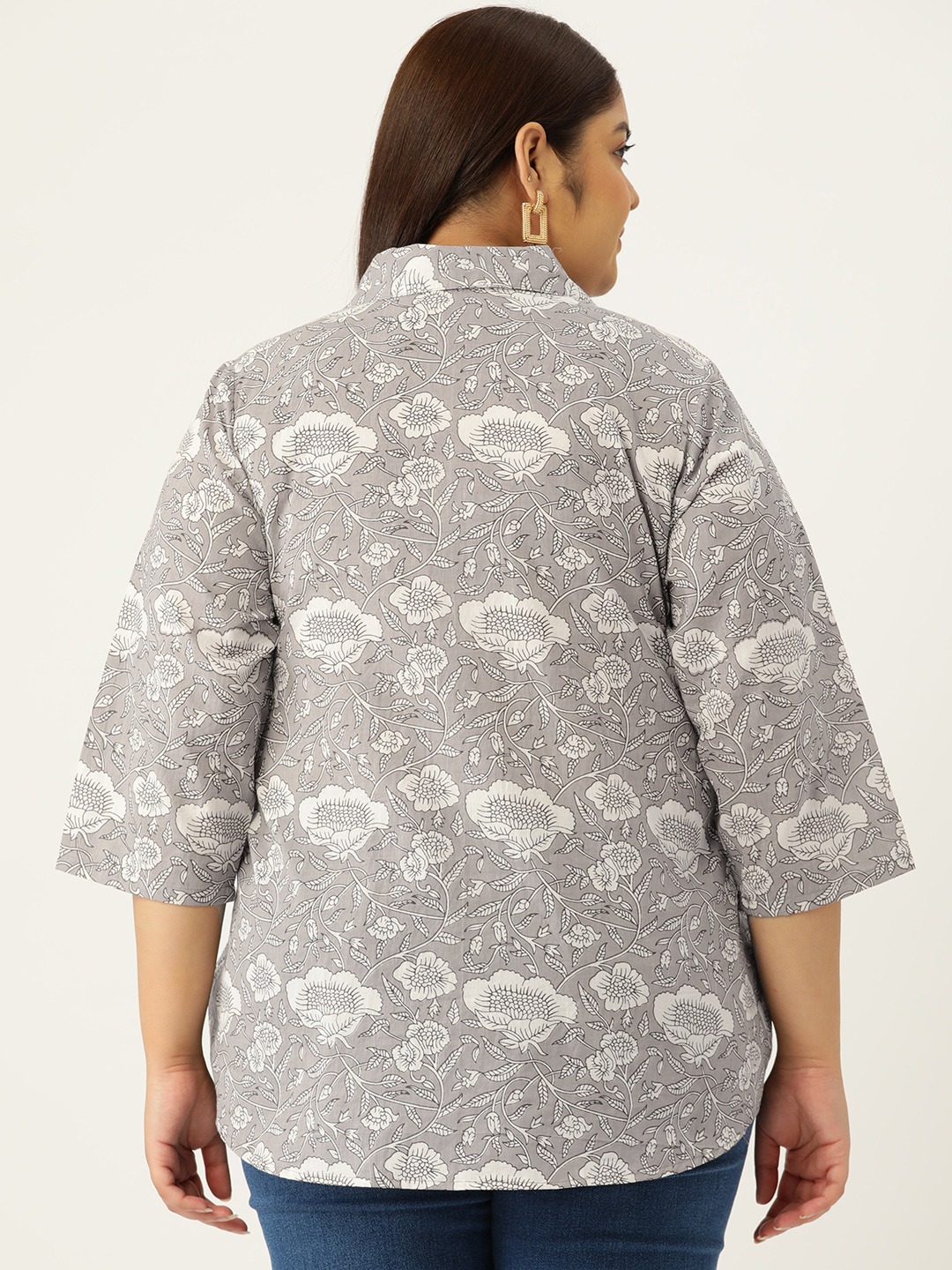 Women's Plus Size Grey Monotone Floral Print Casual Shirt
