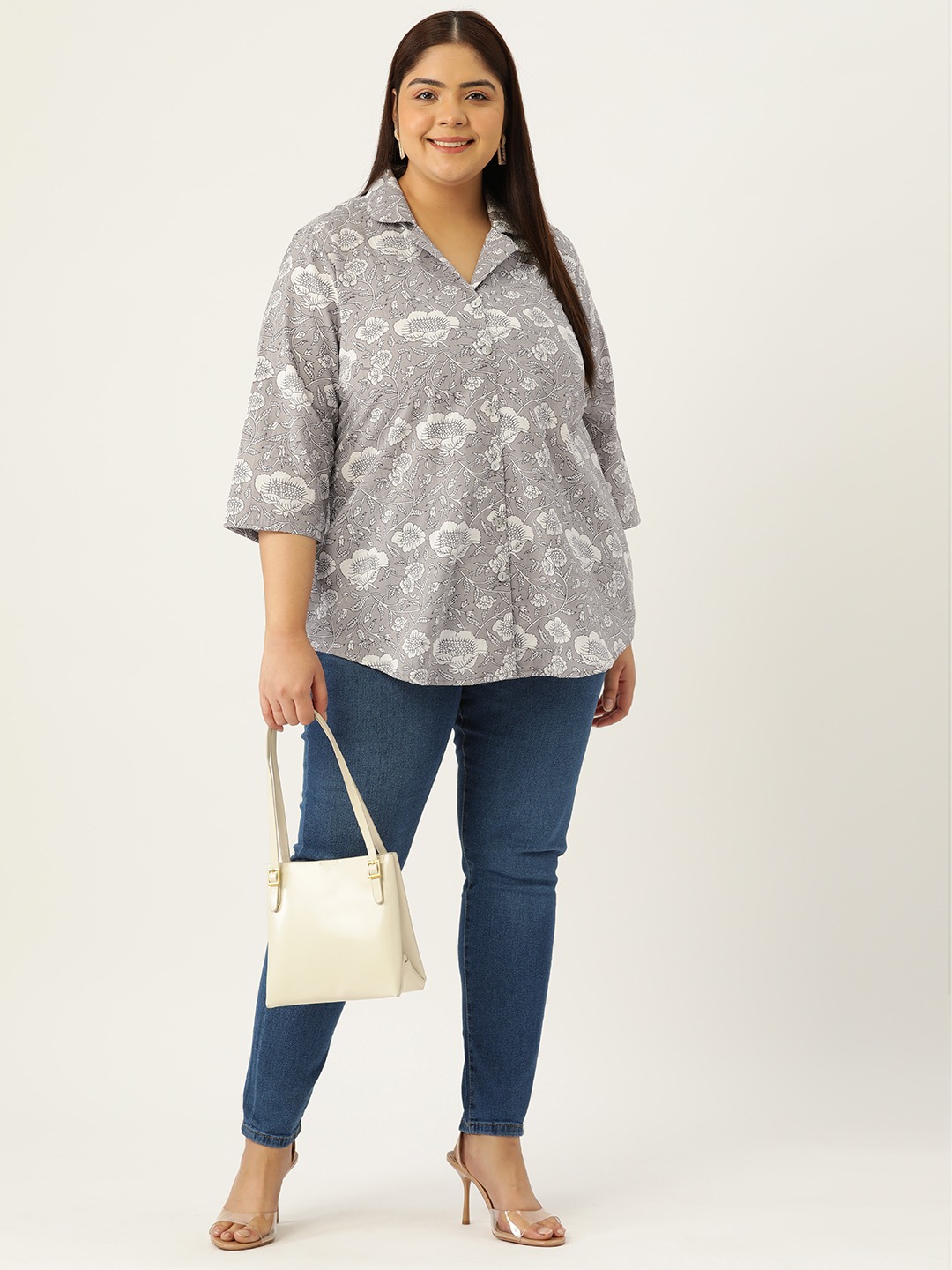 Women's Plus Size Grey Monotone Floral Print Casual Shirt