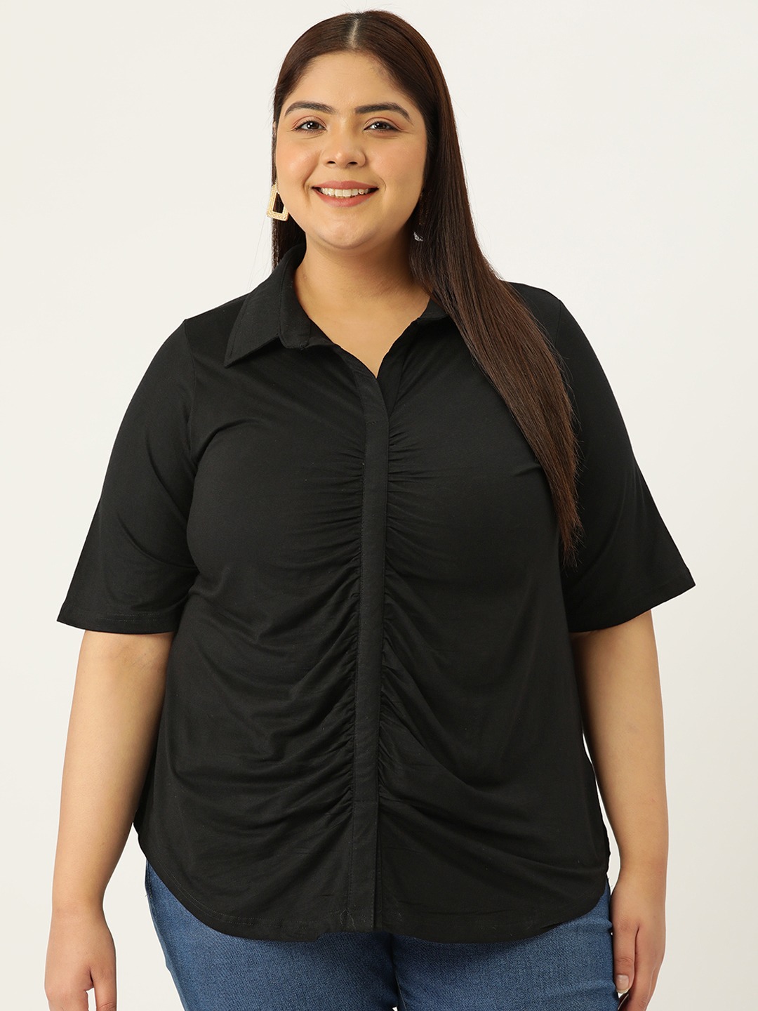Women's Plus Size Black Solid Color Shirt Style Knitted Top