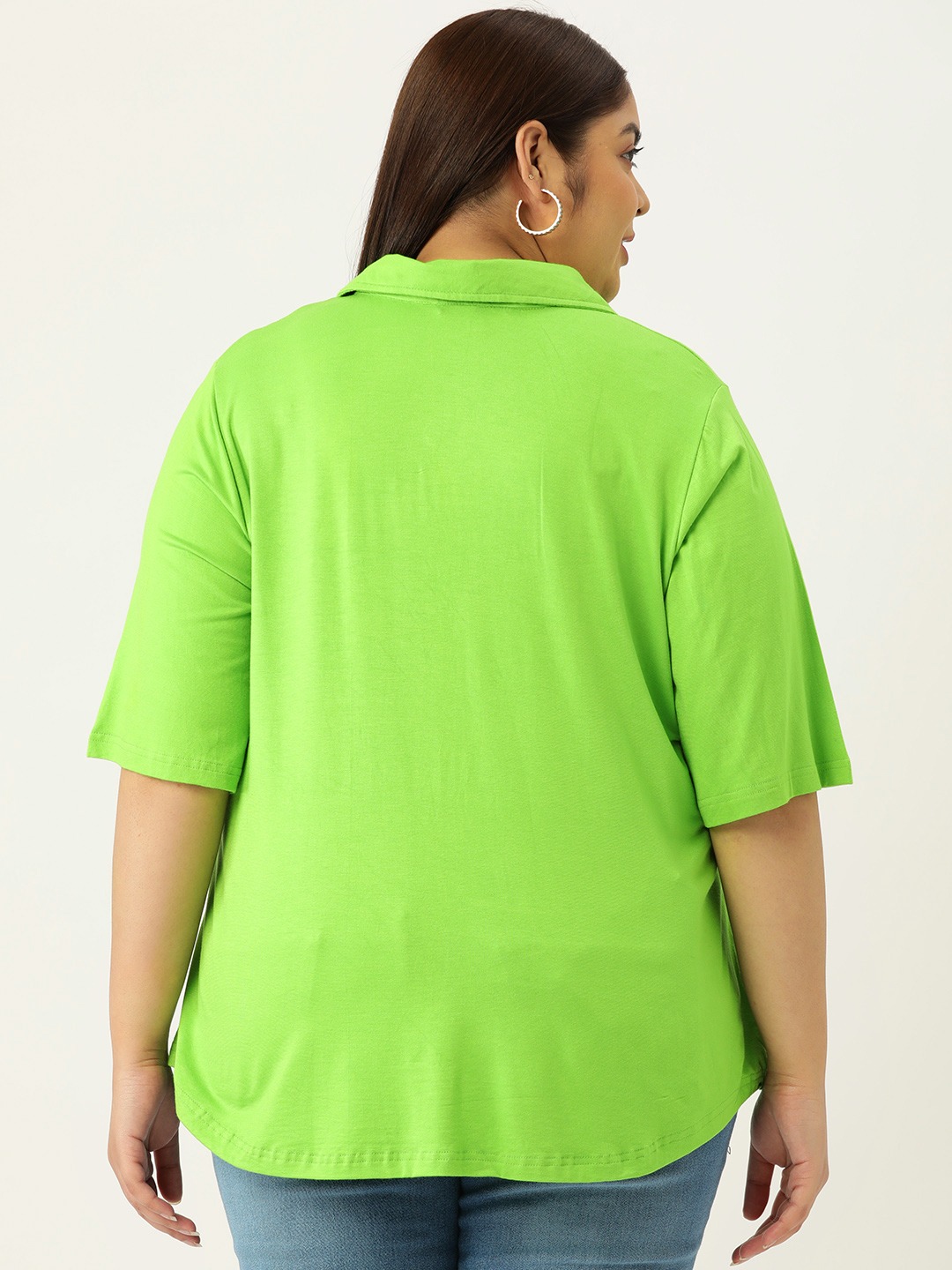 Women's Plus Size Bright Green Solid Color Shirt Style Knitted Top