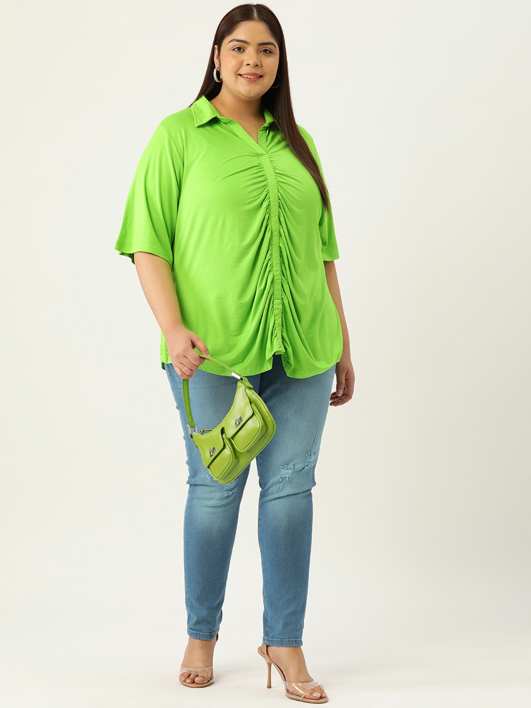 Women's Plus Size Bright Green Solid Color Shirt Style Knitted Top