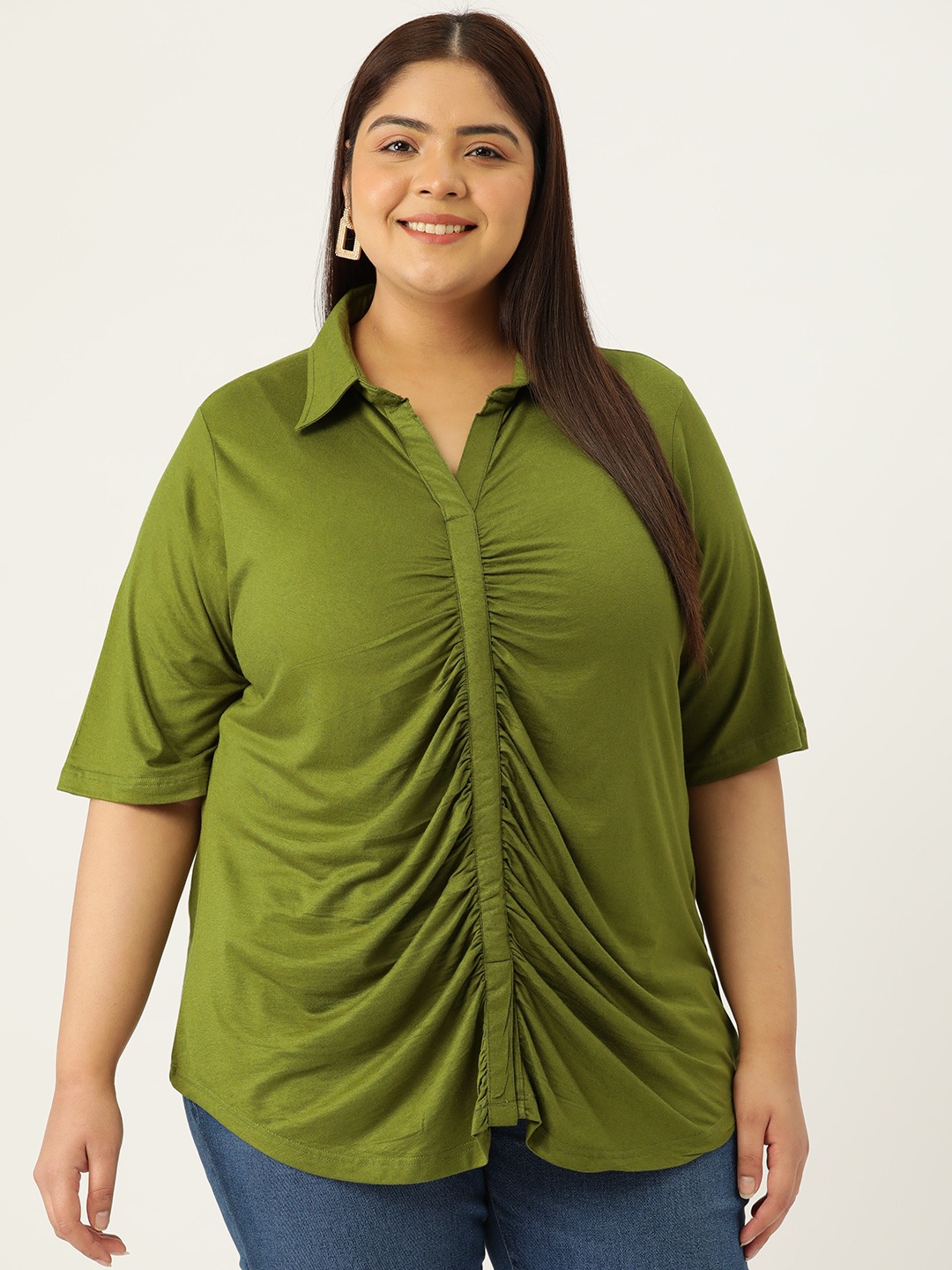Women's Plus Size Olive Green Solid Color Shirt Style Knitted Top