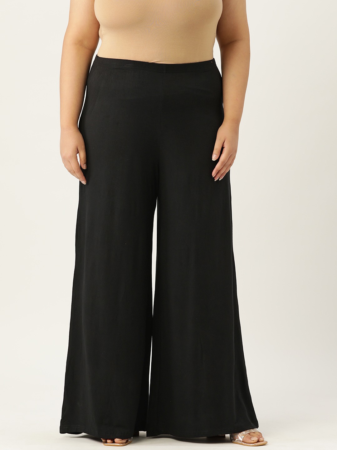 Women's Plus Size Black Solid Color Flared Knitted Palazzos