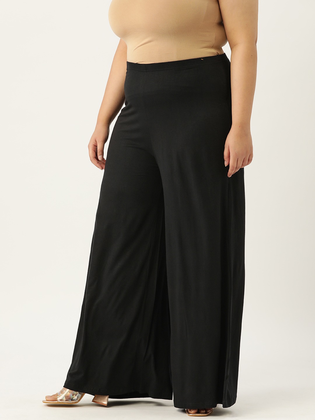 Women's Plus Size Black Solid Color Flared Knitted Palazzos