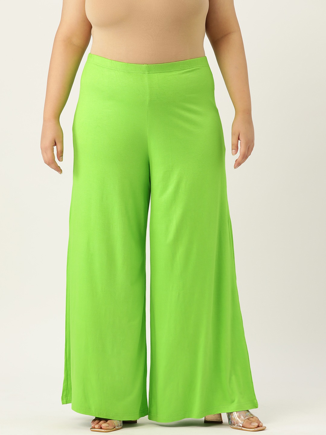 Women's Plus Size Bright Green Solid Color Flared Knitted Palazzos