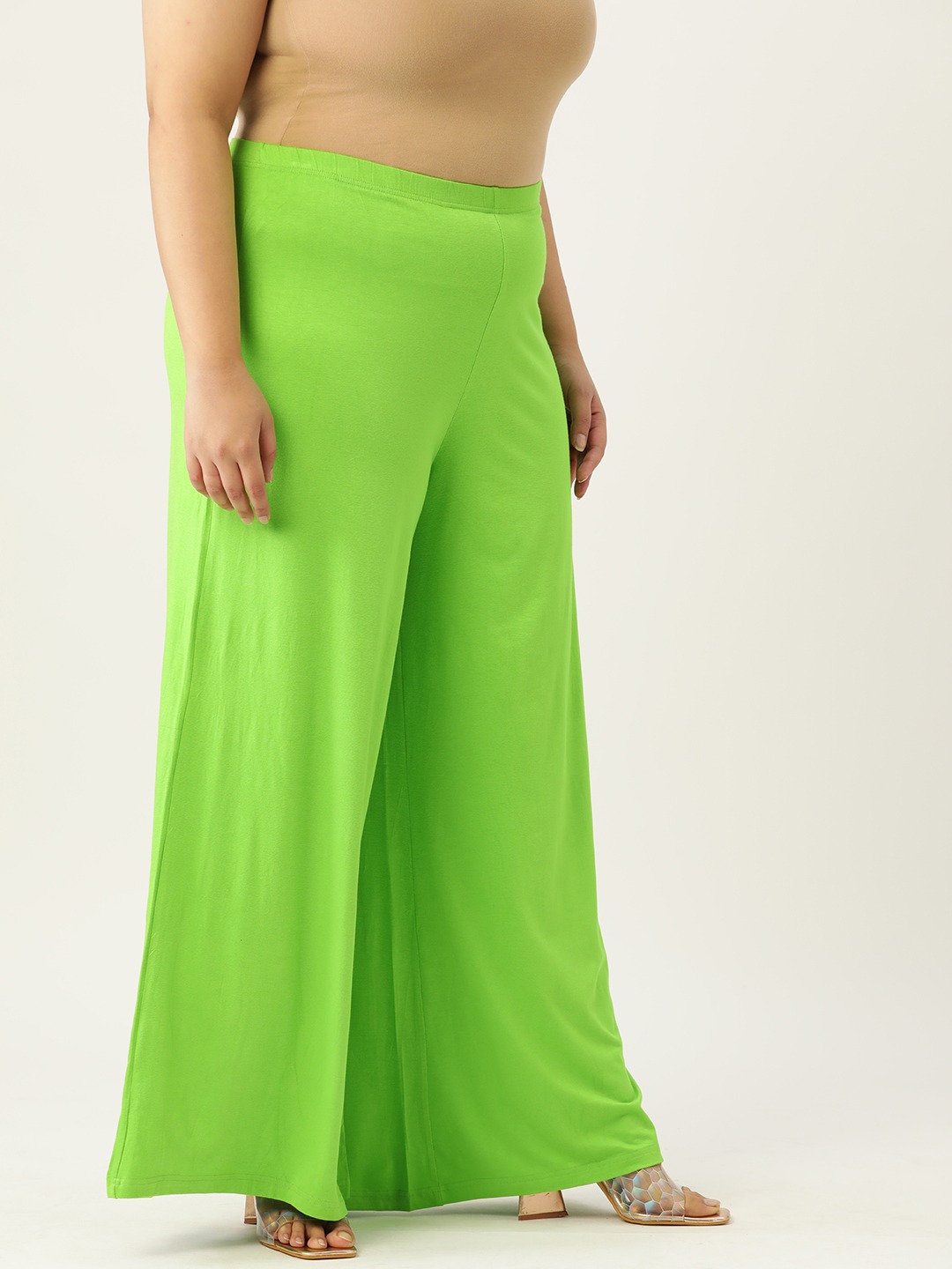 Women's Plus Size Bright Green Solid Color Flared Knitted Palazzos