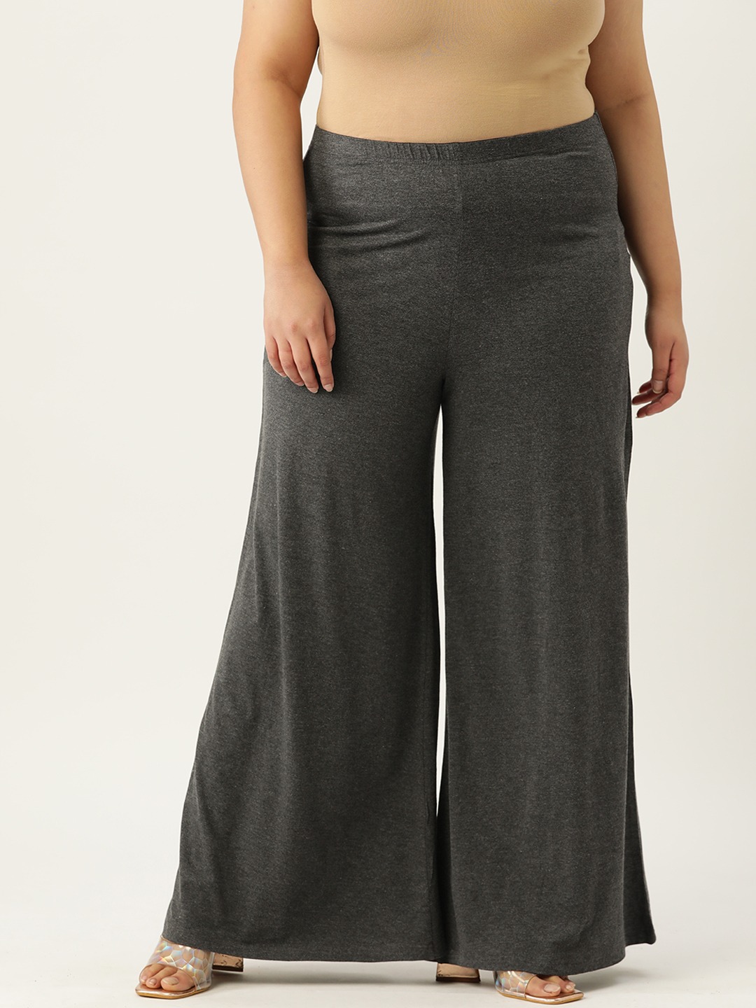 Women's Plus Size Charcoal Grey Solid Color Flared Knitted Palazzos