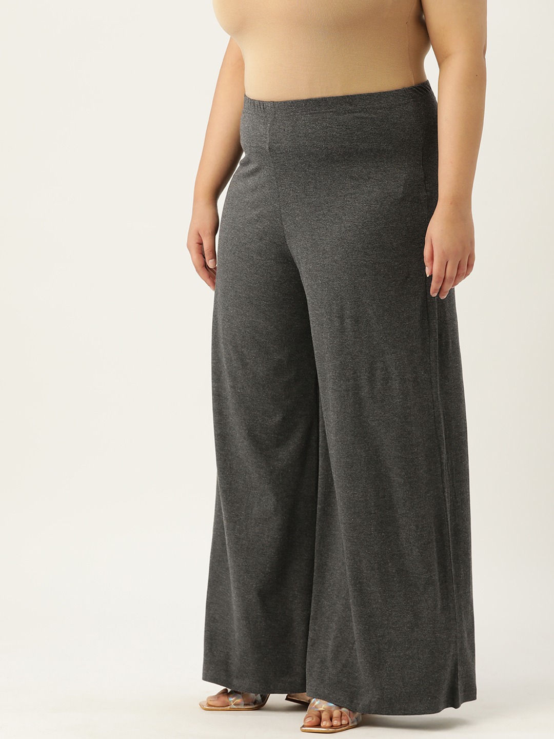 Women's Plus Size Charcoal Grey Solid Color Flared Knitted Palazzos