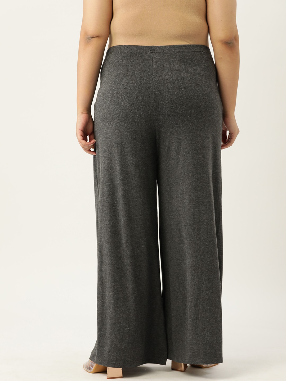 Women's Plus Size Charcoal Grey Solid Color Flared Knitted Palazzos