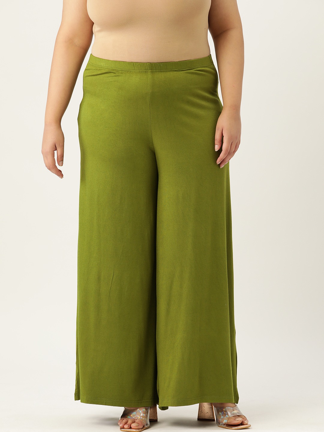 Women's Plus Size Olive Green Solid Color Flared Knitted Palazzos