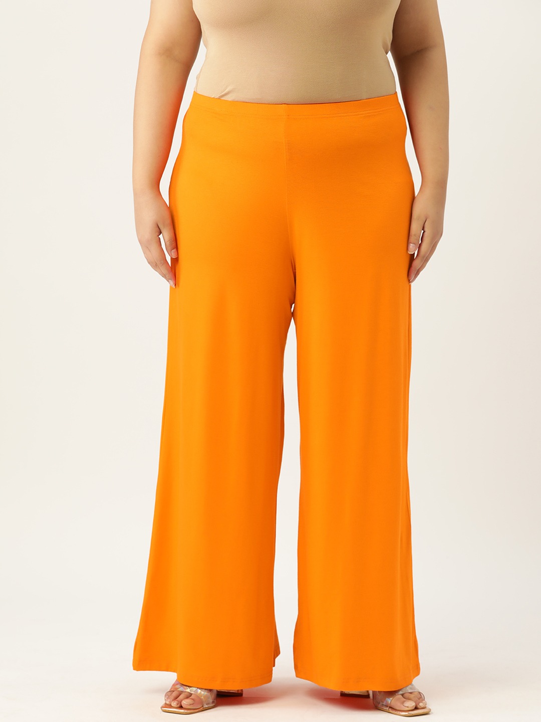 Women's Plus Size Orange Solid Color Flared Knitted Palazzos