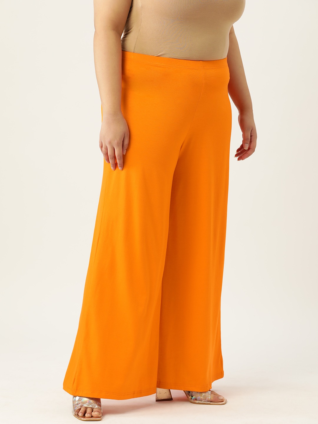 Women's Plus Size Orange Solid Color Flared Knitted Palazzos