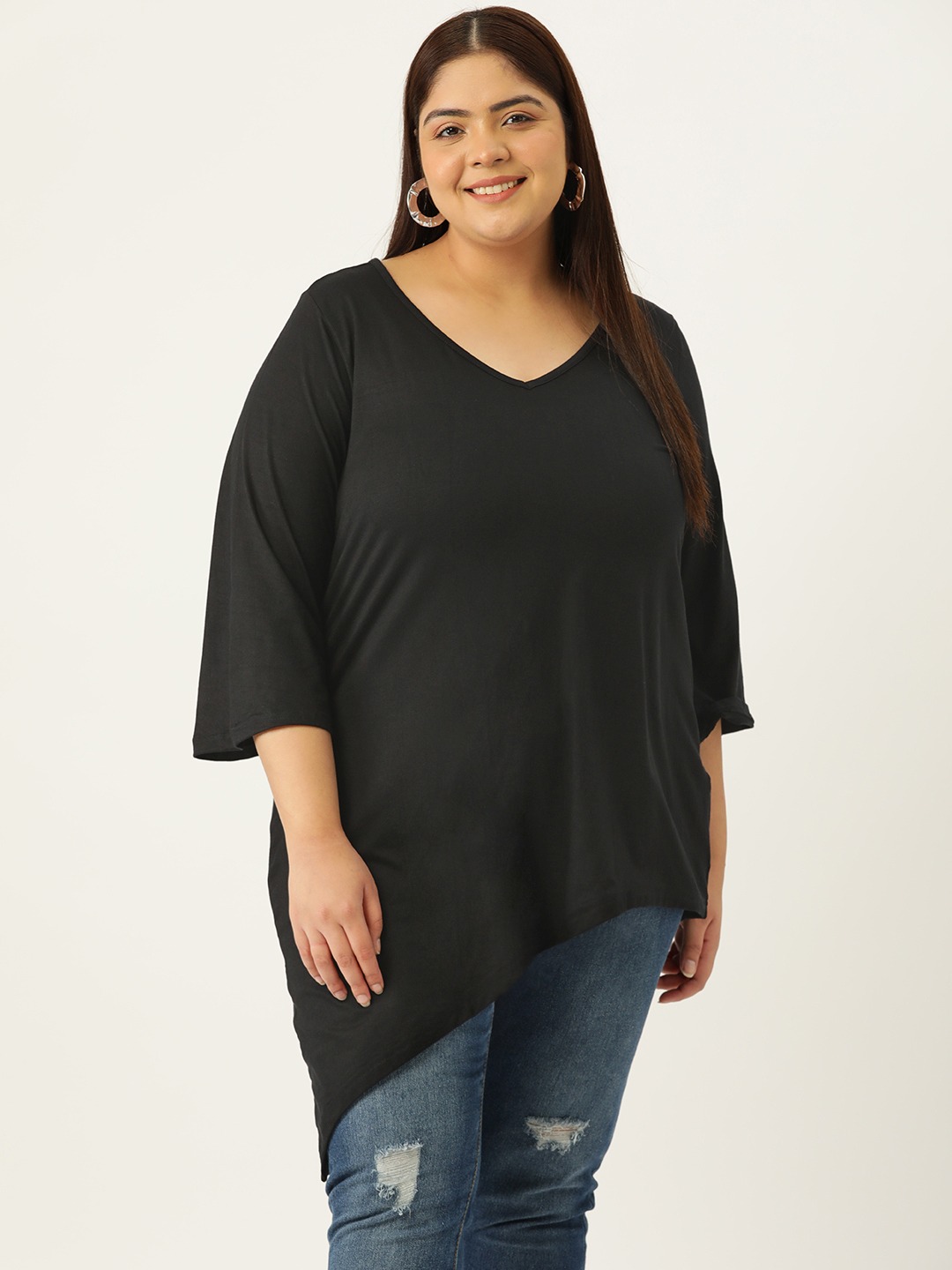 Women's Plus Size Black Solid Color Asymmetrical Longline Knitted Top