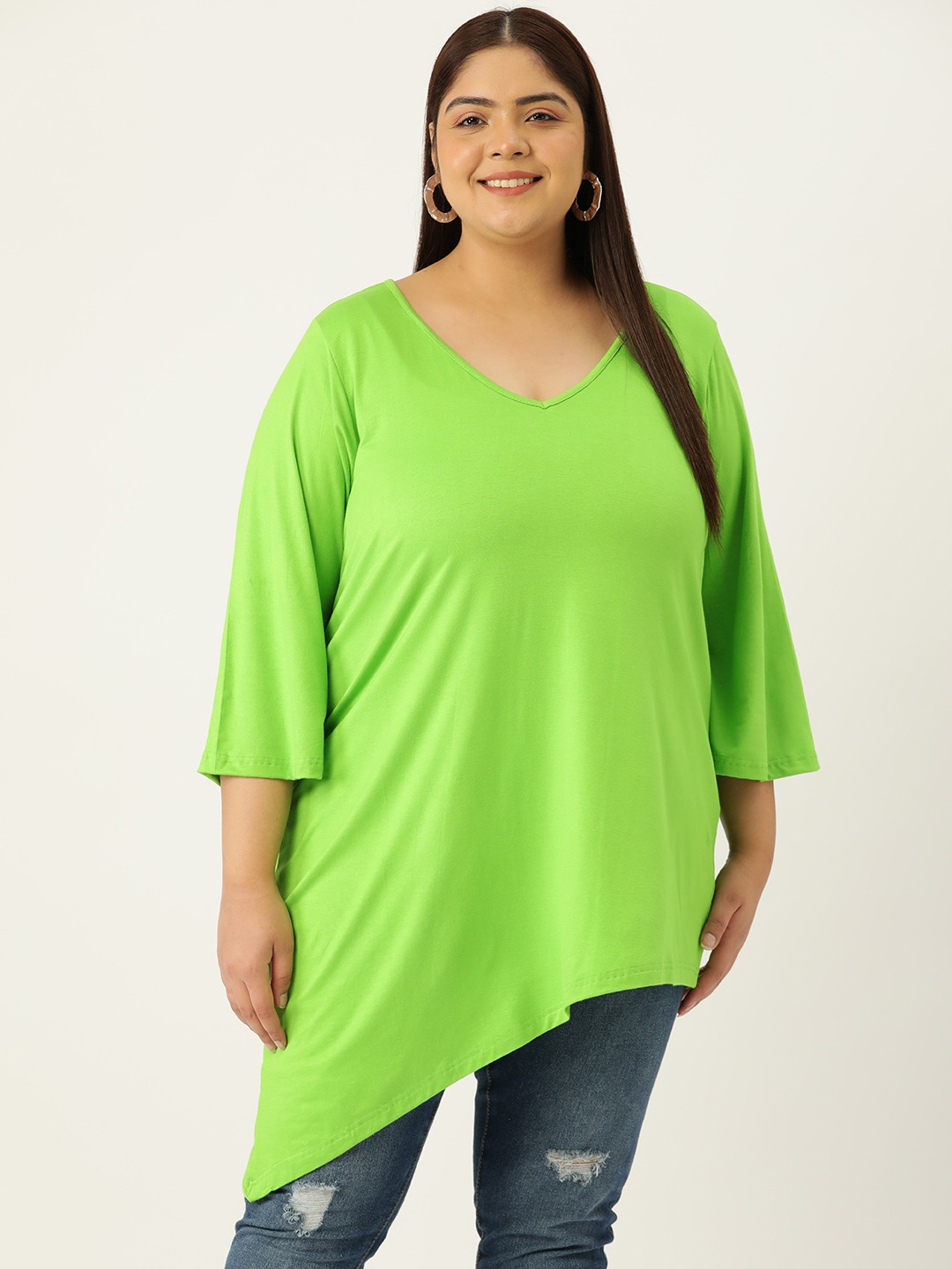 Women's Plus Size Bright Green Solid Color Asymmetrical Longline Knitted Top