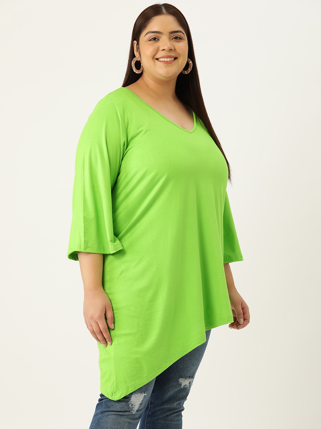 Women's Plus Size Bright Green Solid Color Asymmetrical Longline Knitted Top