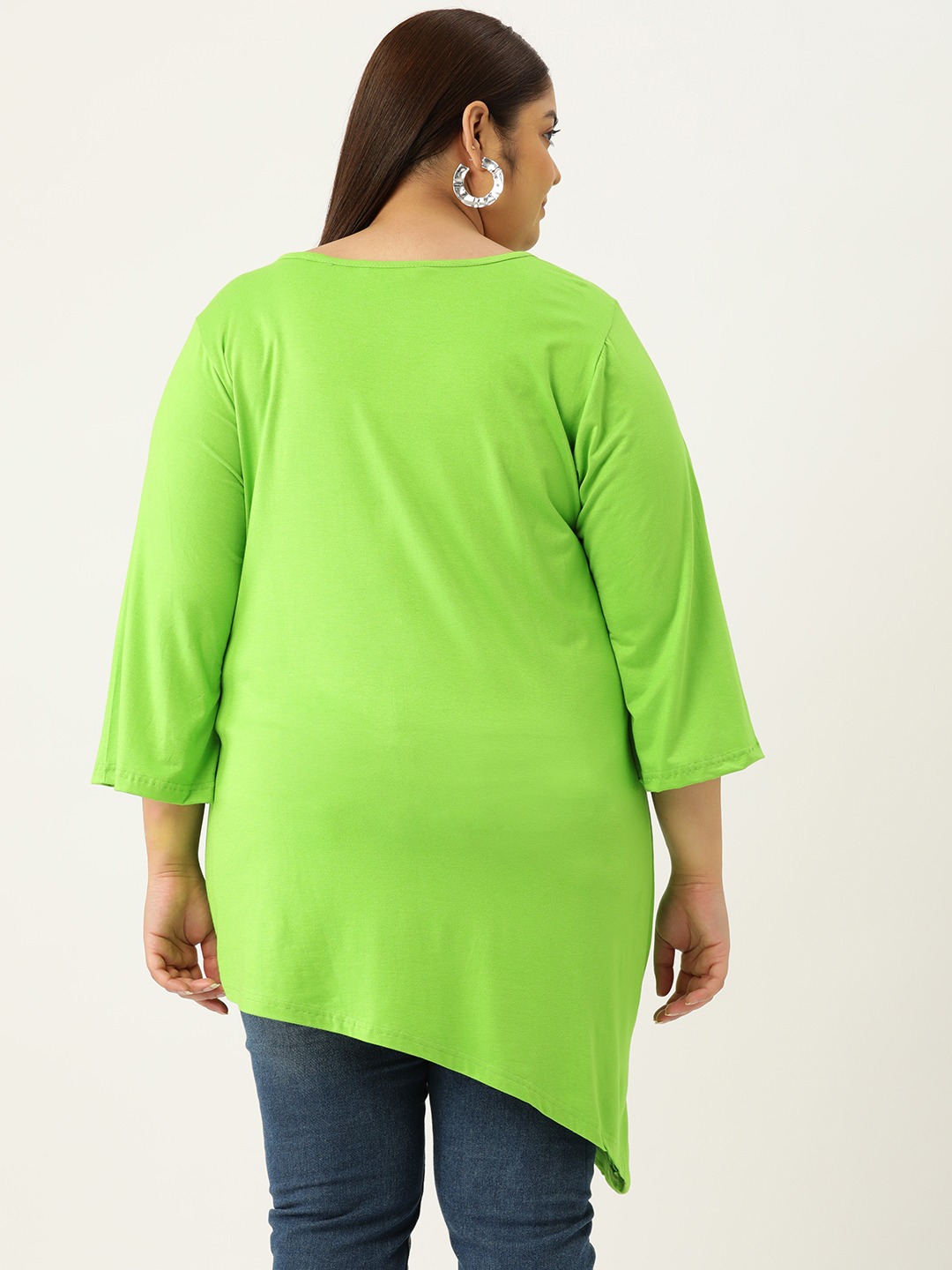 Women's Plus Size Bright Green Solid Color Asymmetrical Longline Knitted Top