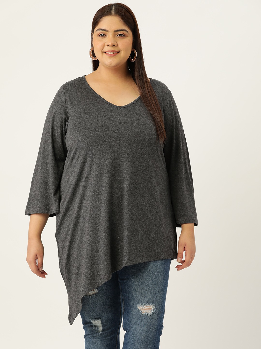 Women's Plus Size Charcoal Grey Solid Color Asymmetrical Longline Knitted Top