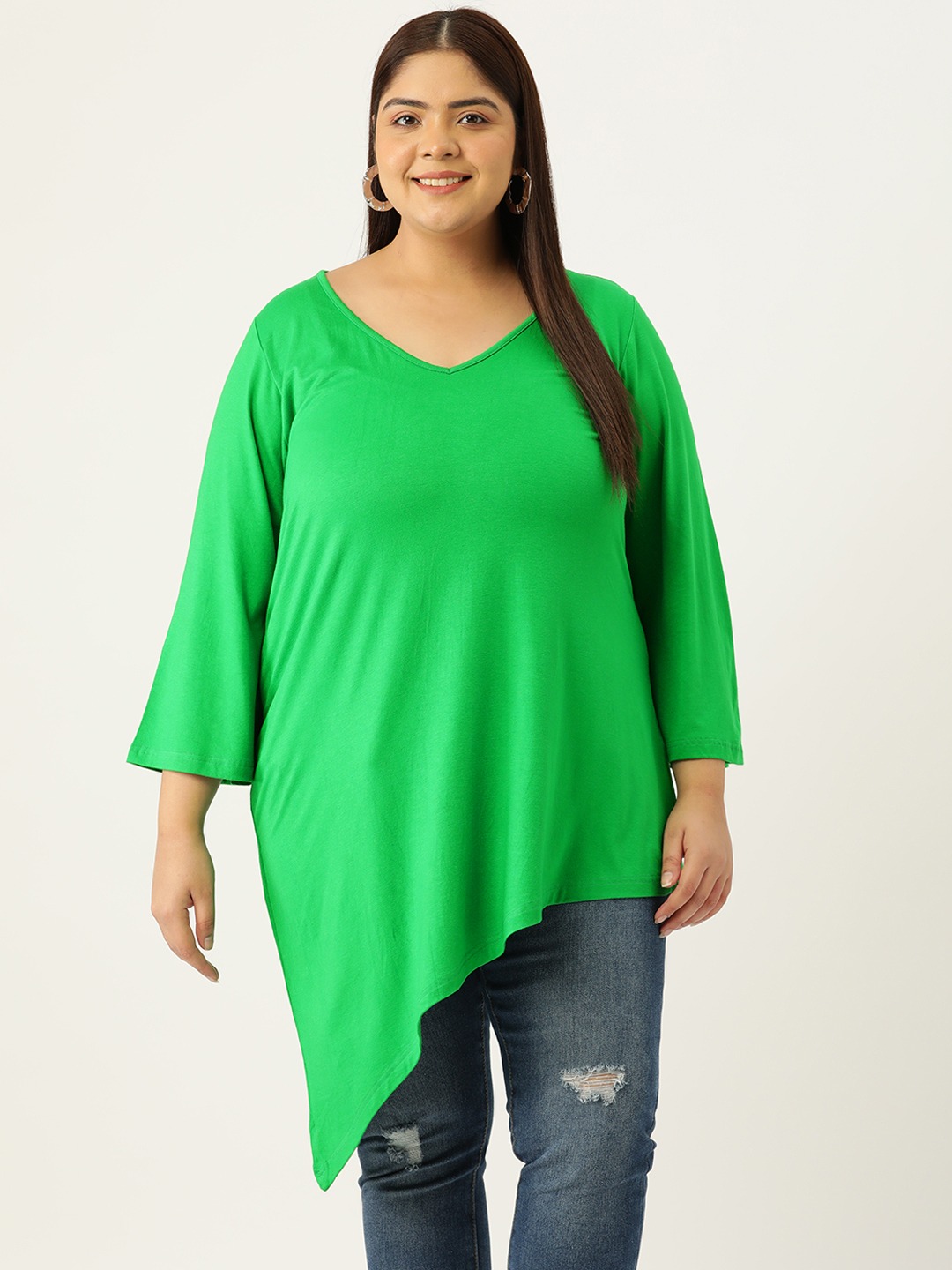 Women's Plus Size Emerlad Green Solid Color Asymmetrical Longline Knitted Top