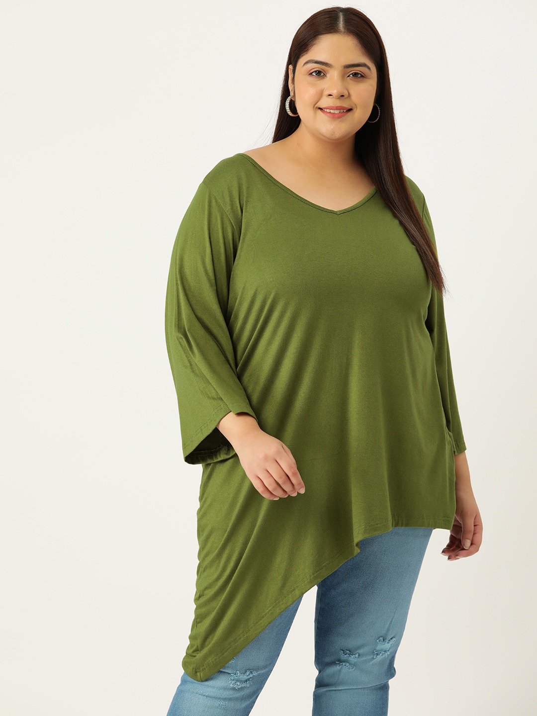 Women's Plus Size Olive Green Solid Color Asymmetrical Longline Knitted Top