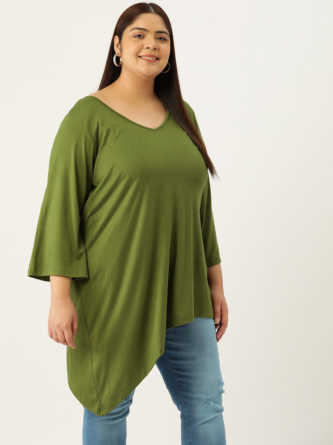 Women's Plus Size Olive Green Solid Color Asymmetrical Longline Knitted Top