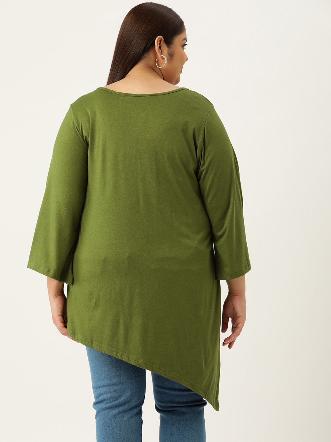 Women's Plus Size Olive Green Solid Color Asymmetrical Longline Knitted Top
